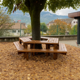 Table entourage d’arbre rustique pentagonal en bois pour aménagement paysager dans les espaces publics