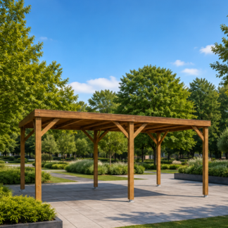 Pergola ombrière en bois avec appuis en sciage pour aménagement extérieur dans les espaces publics
