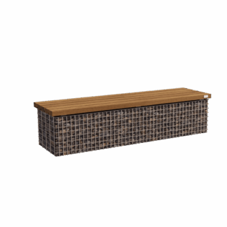 Banc sur gabion avec assise en bois pour aménagement extérieur dans les espaces publics